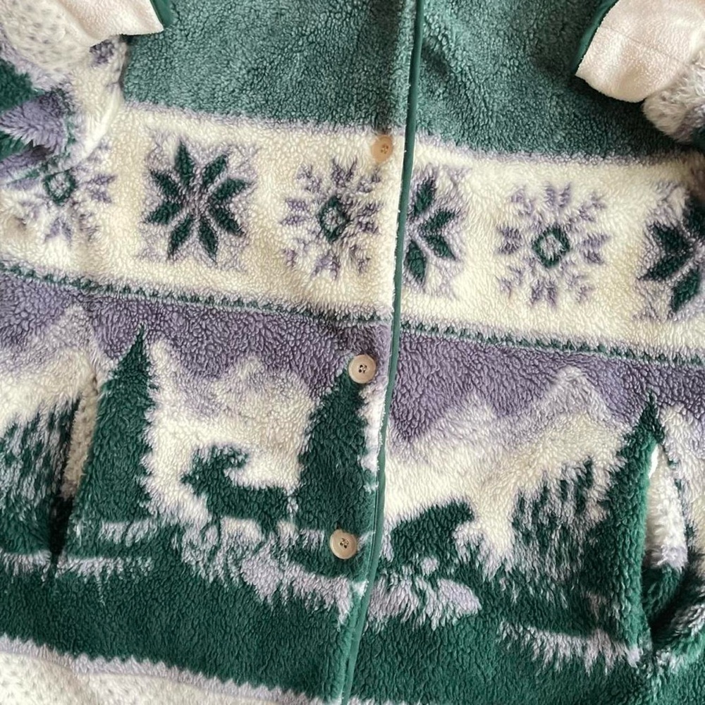 Vintage CS Signature Heavy Fleece Hooded Button Front Jacket Forest Moose Bear - Picture 3 of 8